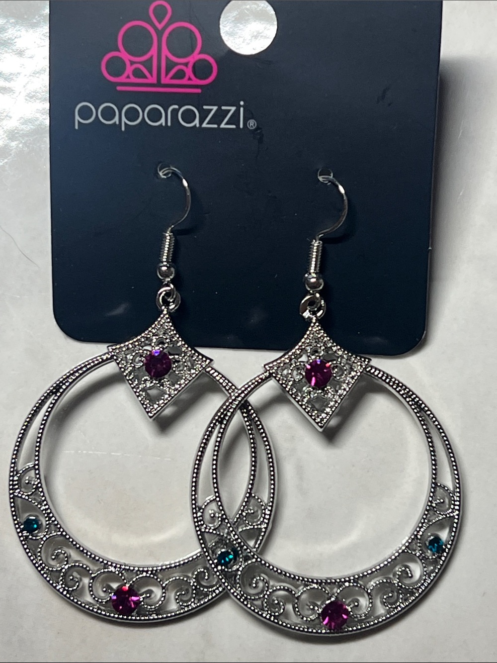 Paparazzi Silver-Tone Filigree Hoop Earrings with Fuchsia and Teal Stones